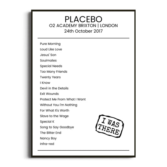 Placebo London 24 October 2017 Setlist Poster