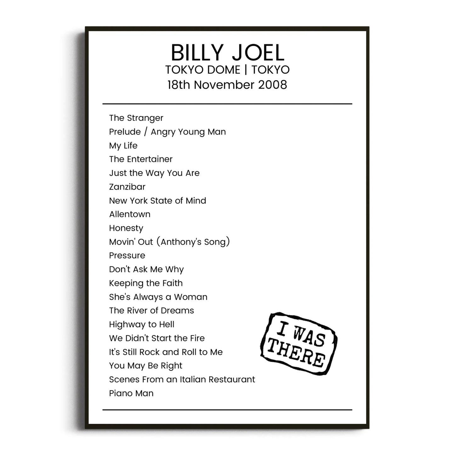 Billy Joel Tokyo 18 November 2008 Setlist Poster