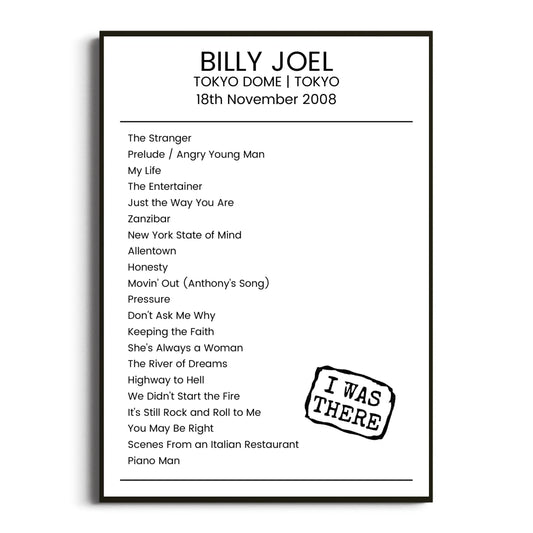 Billy Joel Tokyo 18 November 2008 Setlist Poster