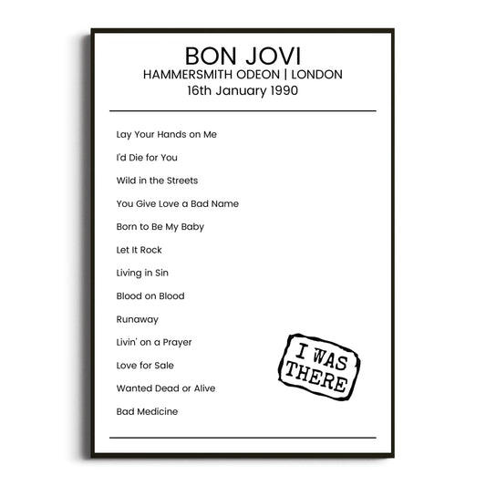 Bon Jovi London 16 January 1990 Setlist Poster