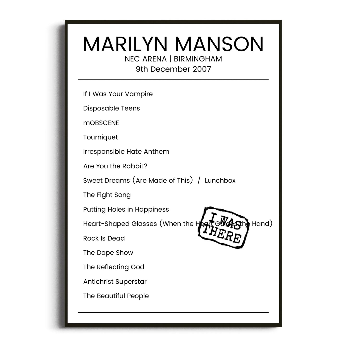 Marilyn Manson Birmingham 09 December 2007 Setlist Poster