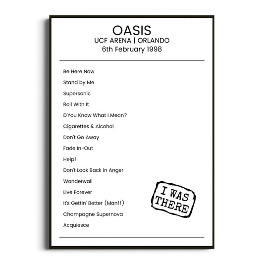 Oasis Orlando 06 February 1998 Setlist Poster