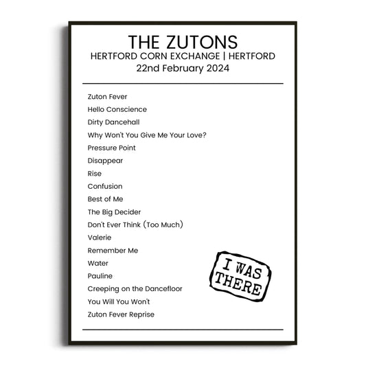 The Zutons Hertford 22 February 2024 Setlist Poster