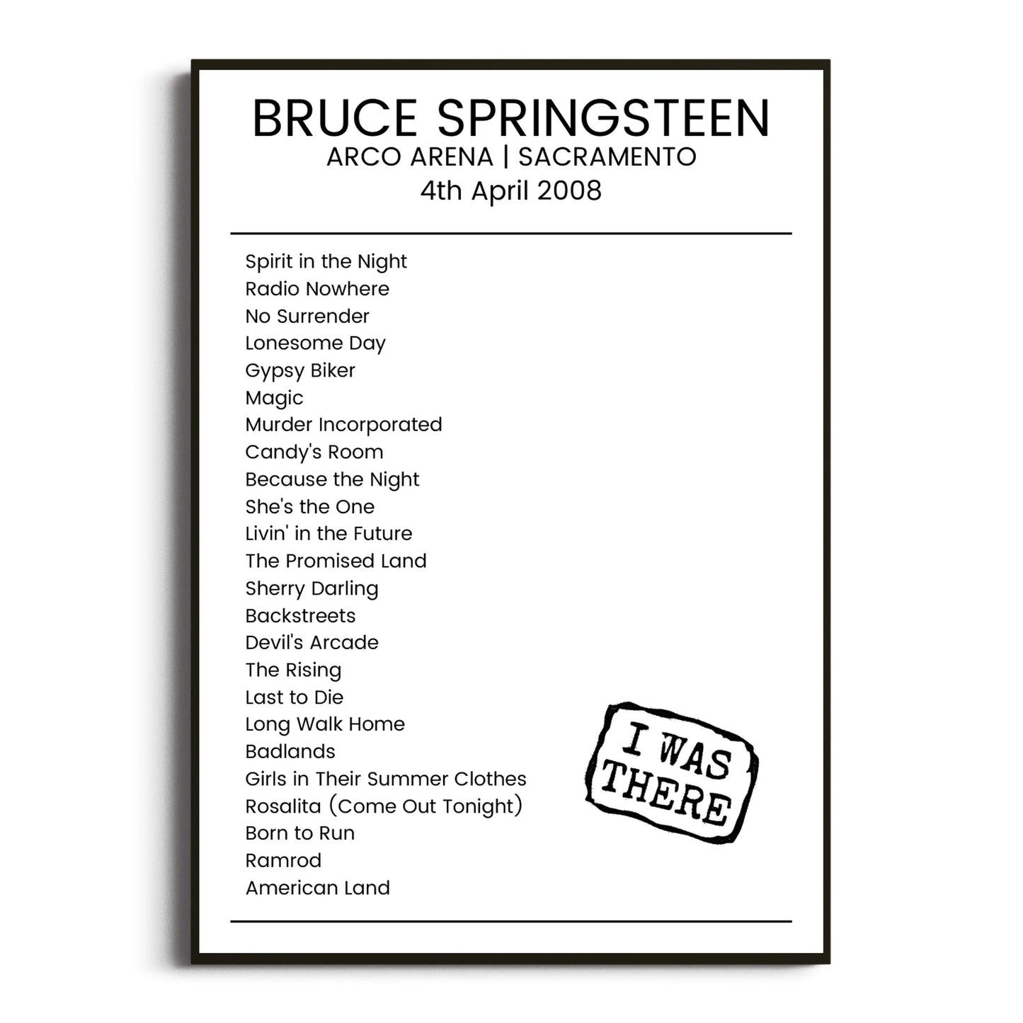 Bruce Springsteen Sacramento 04 April 2008 Setlist Poster