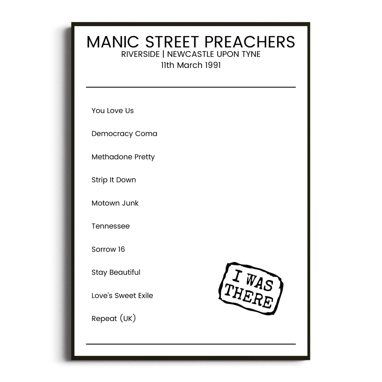 Manic Street Preachers Newcastle upon Tyne 11 March 1991 Setlist Poster