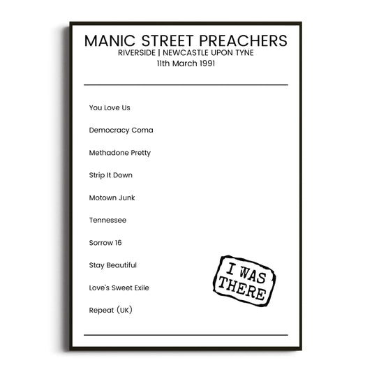 Manic Street Preachers Newcastle upon Tyne 11 March 1991 Setlist Poster