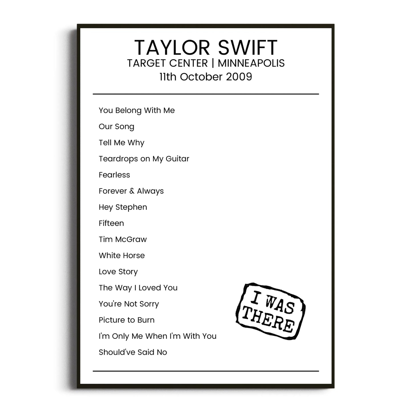 Taylor Swift Minneapolis 11 October 2009 Setlist Poster