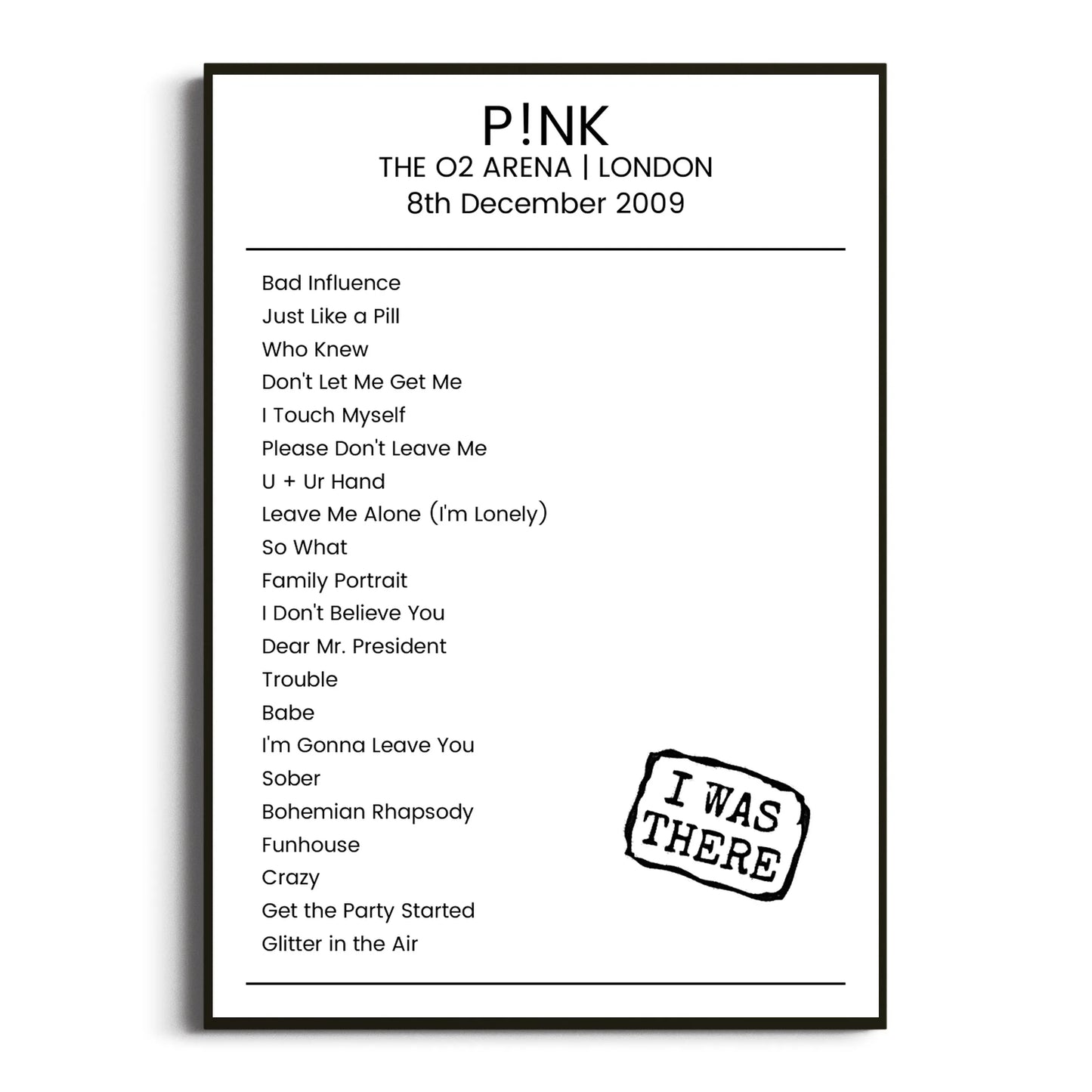 P!nk London 08 December 2009 Setlist Poster