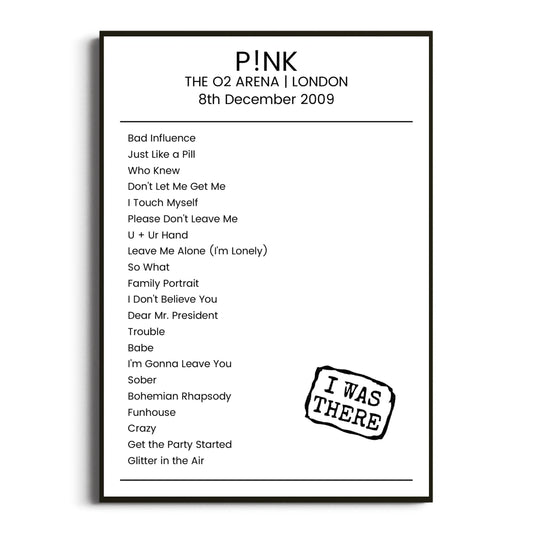 P!nk London 08 December 2009 Setlist Poster