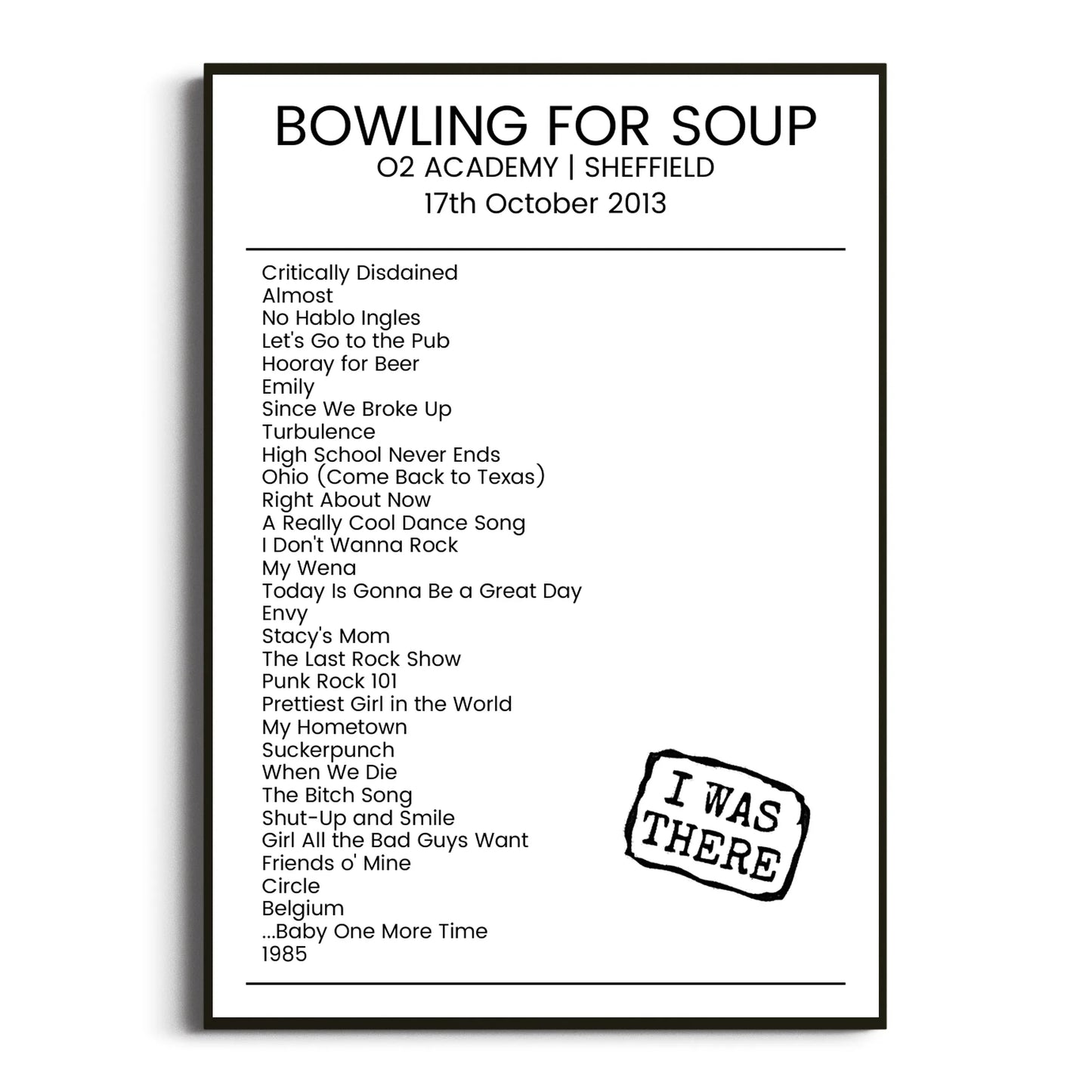 Bowling for Soup Sheffield 17 October 2013 Setlist Poster