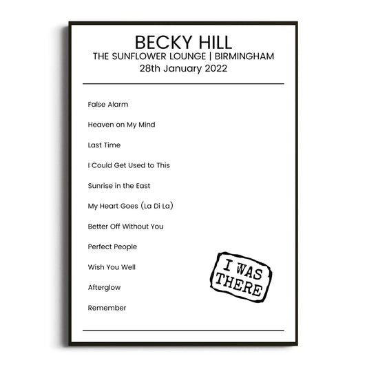 Becky Hill Birmingham 28 January 2022 Setlist Poster