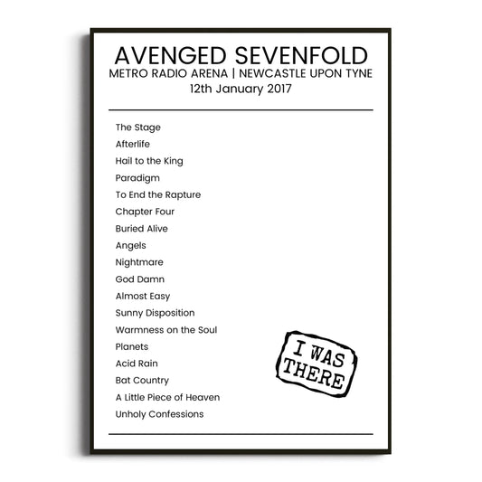 Avenged Sevenfold Newcastle upon Tyne 12 January 2017 Setlist Poster