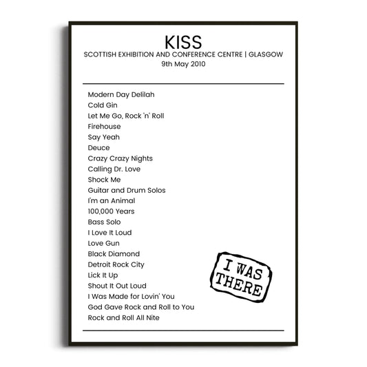 KISS Glasgow 09 May 2010 Setlist Poster