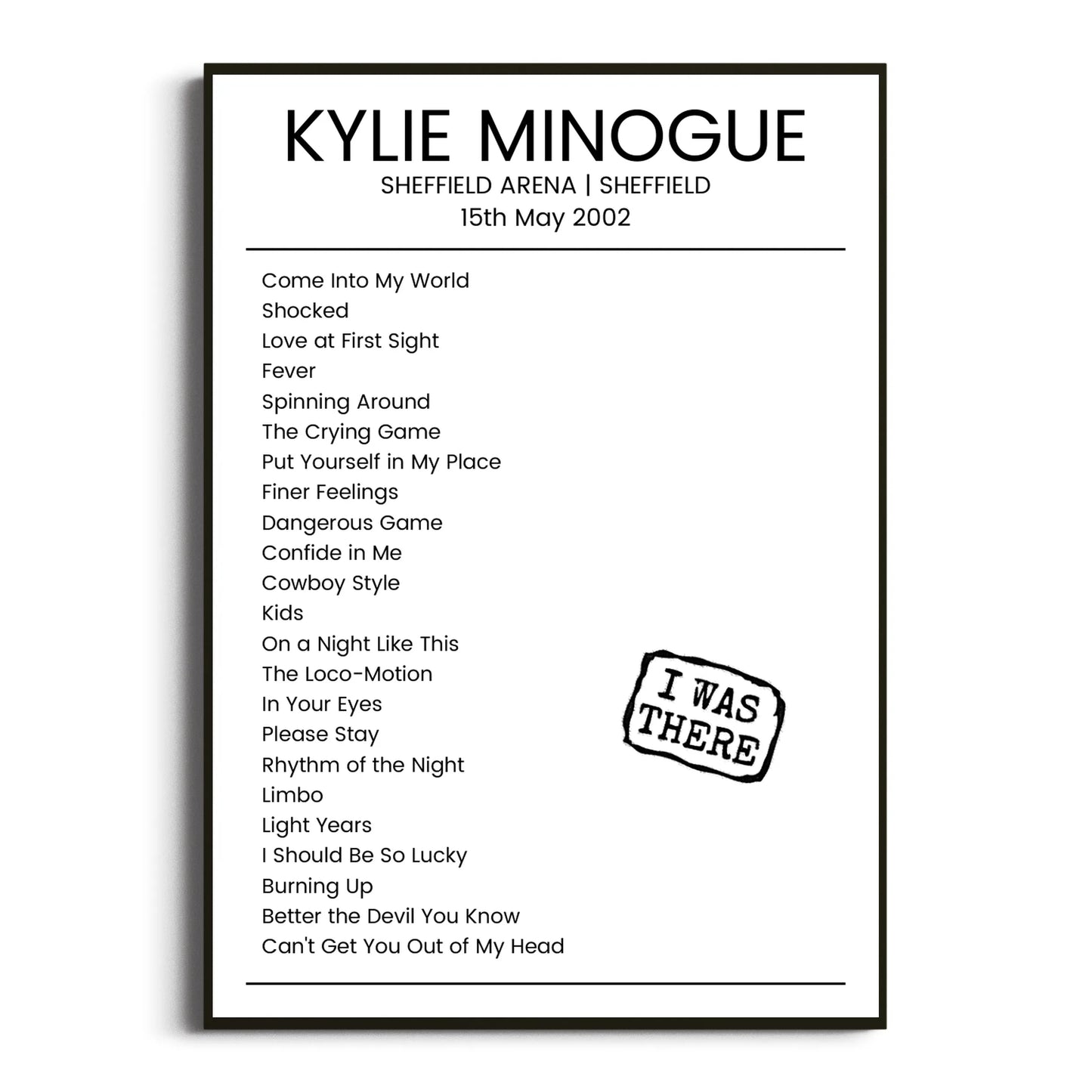 Kylie Minogue Sheffield 15 May 2002 Setlist Poster