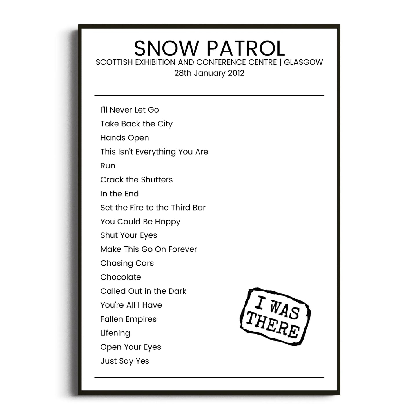 Snow Patrol Glasgow 28 January 2012 Setlist Poster