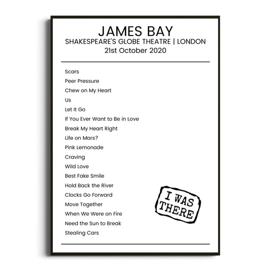 James Bay London 21 October 2020 Setlist Poster