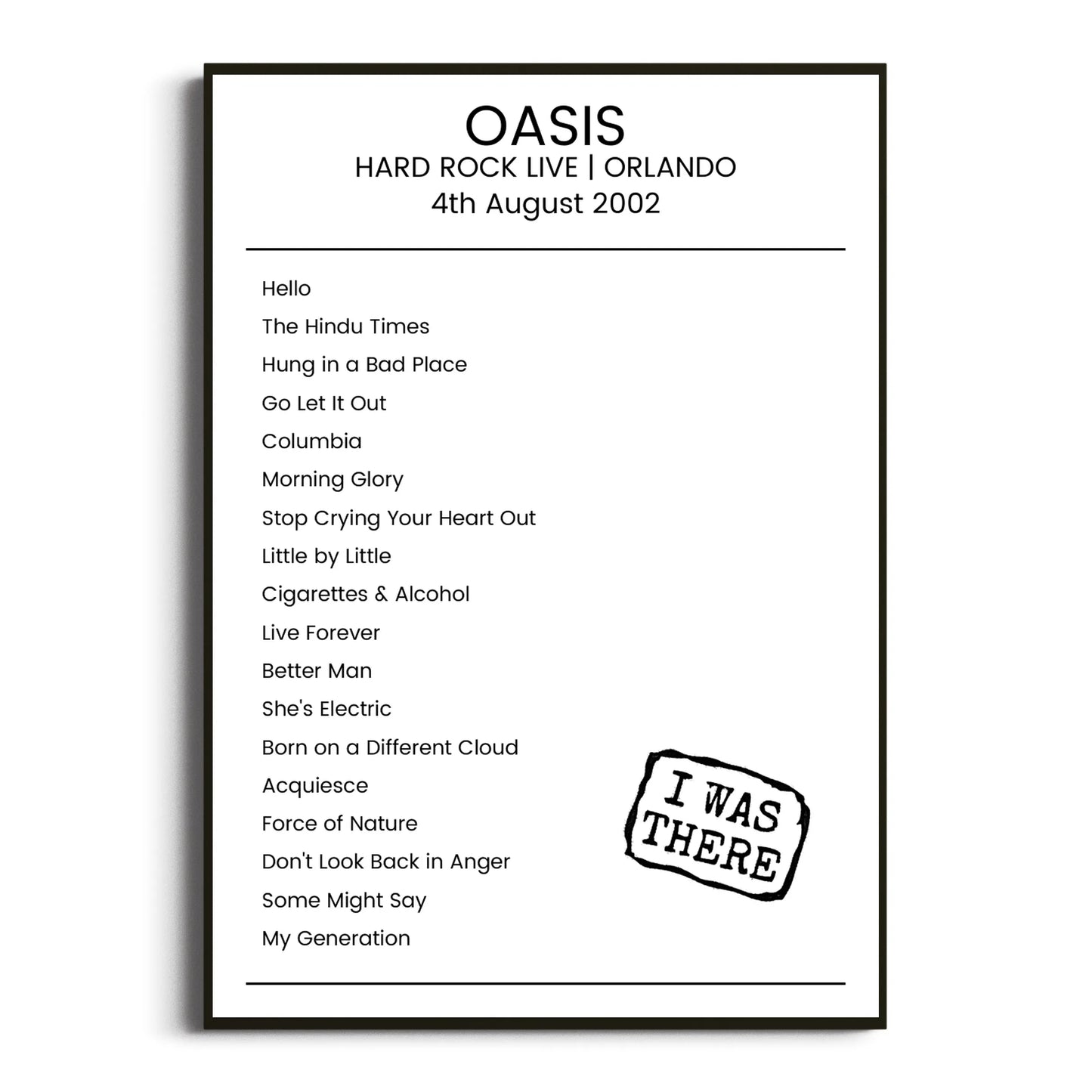 Oasis Orlando 04 August 2002 Setlist Poster