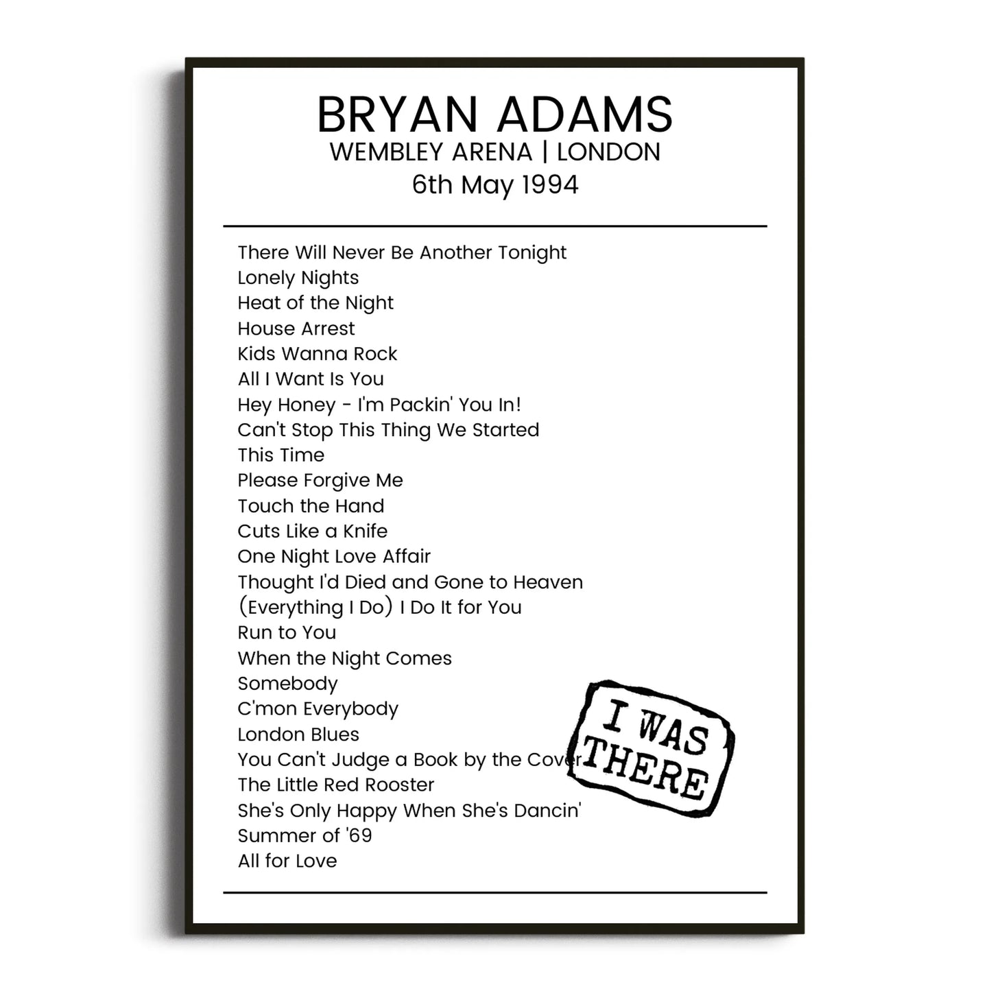 Bryan Adams London 06 May 1994 Setlist Poster