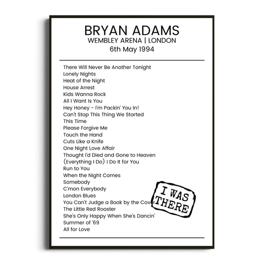 Bryan Adams London 06 May 1994 Setlist Poster