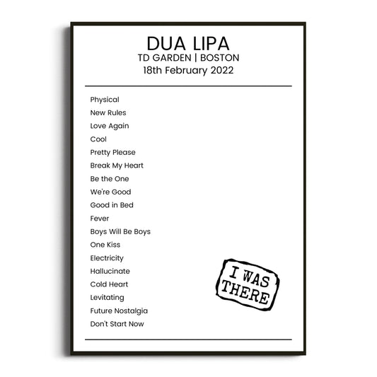 Dua Lipa Boston 18 February 2022 Setlist Poster