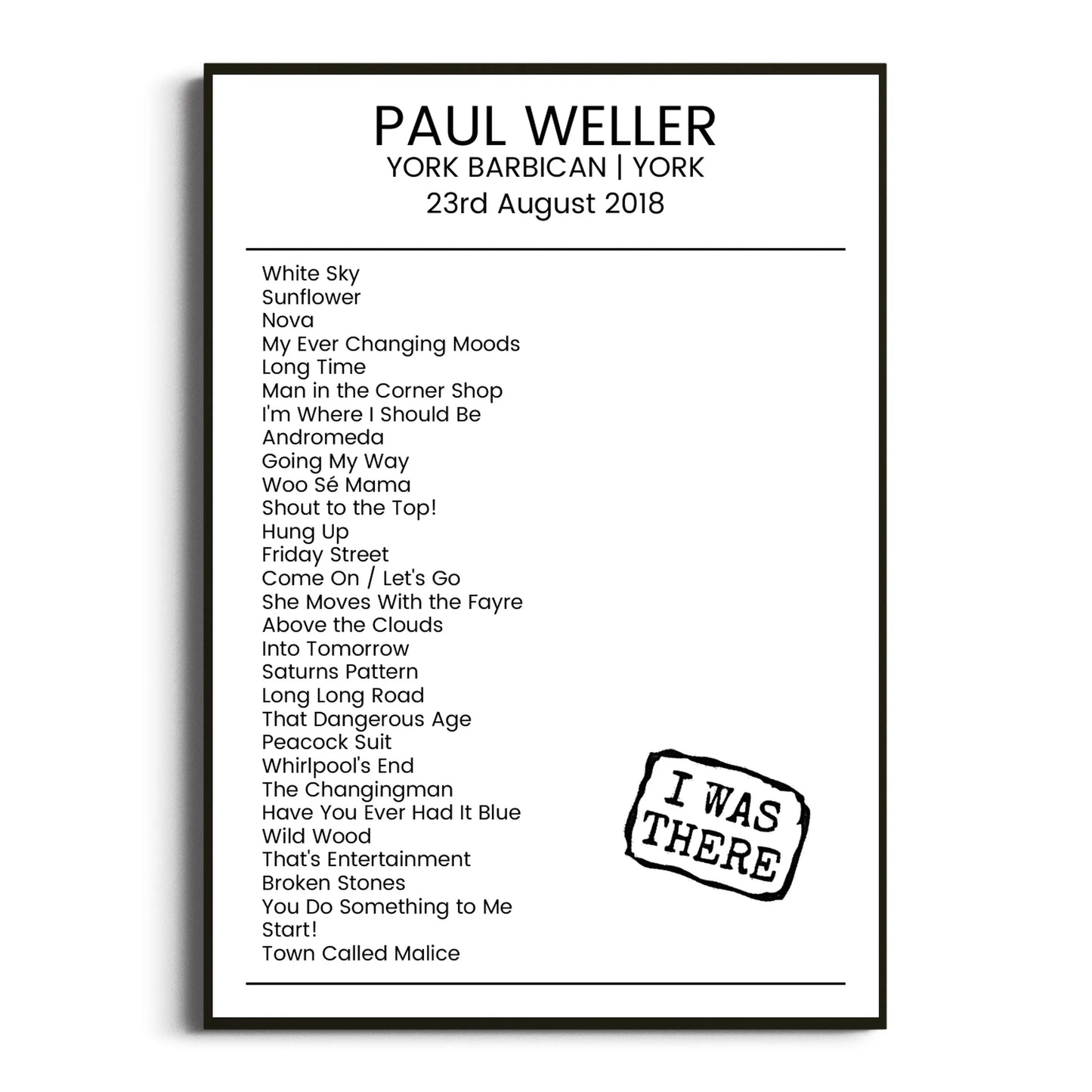 Paul Weller York 23 August 2018 Setlist Poster