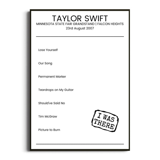 Taylor Swift Falcon Heights 23 August 2007 Setlist Poster