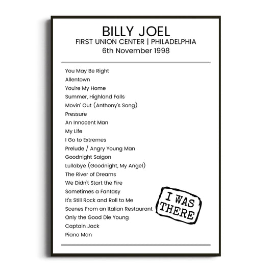 Billy Joel Philadelphia 06 November 1998 Setlist Poster