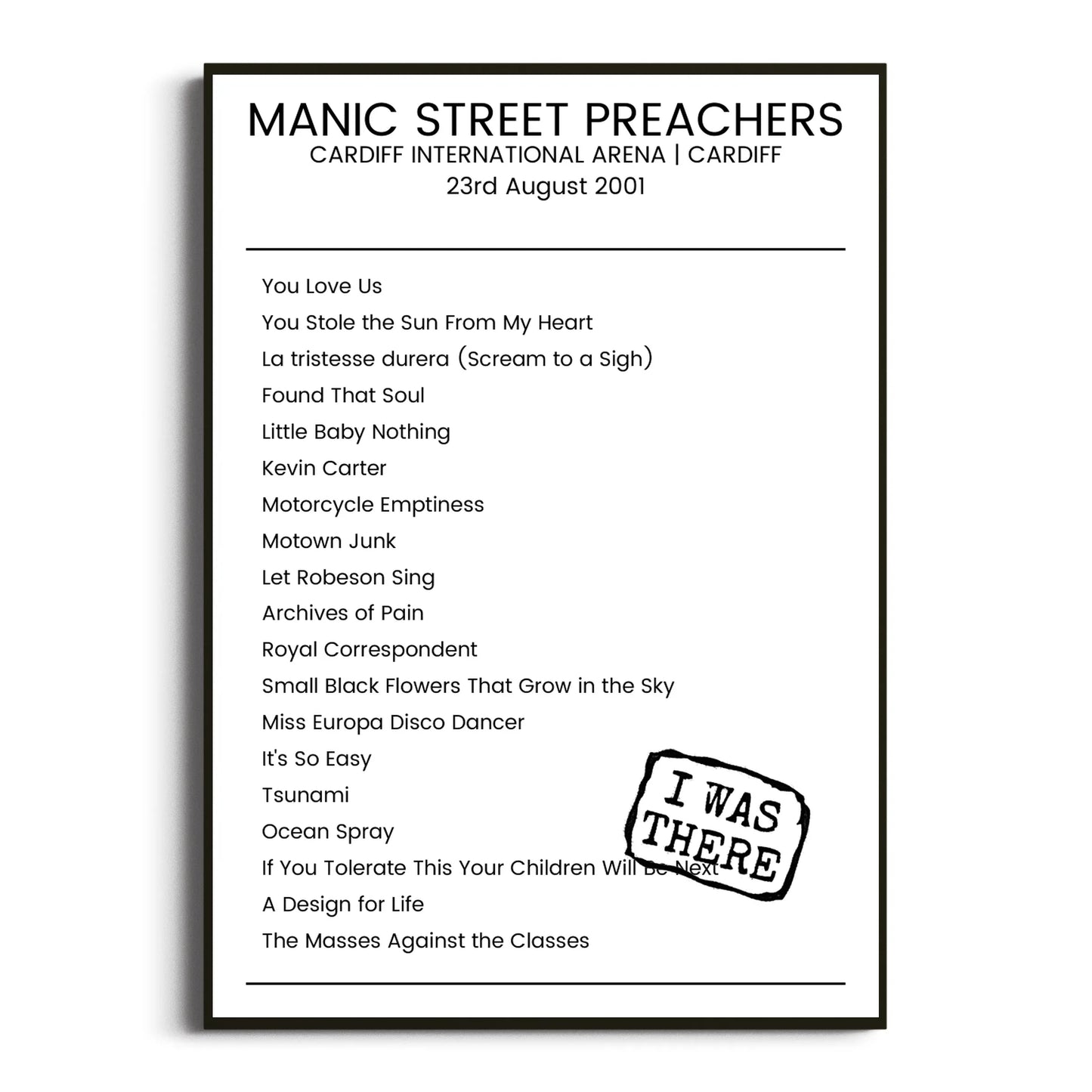 Manic Street Preachers Cardiff 23 August 2001 Setlist Poster