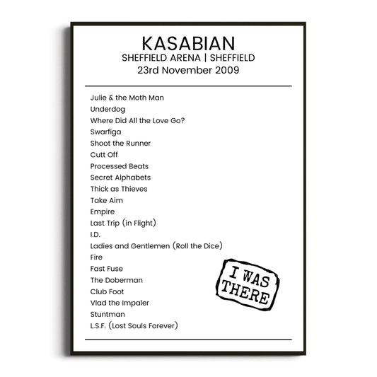 Kasabian Sheffield 23 November 2009 Setlist Poster