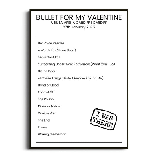 Bullet for My Valentine Cardiff 27 January 2025 Setlist Poster