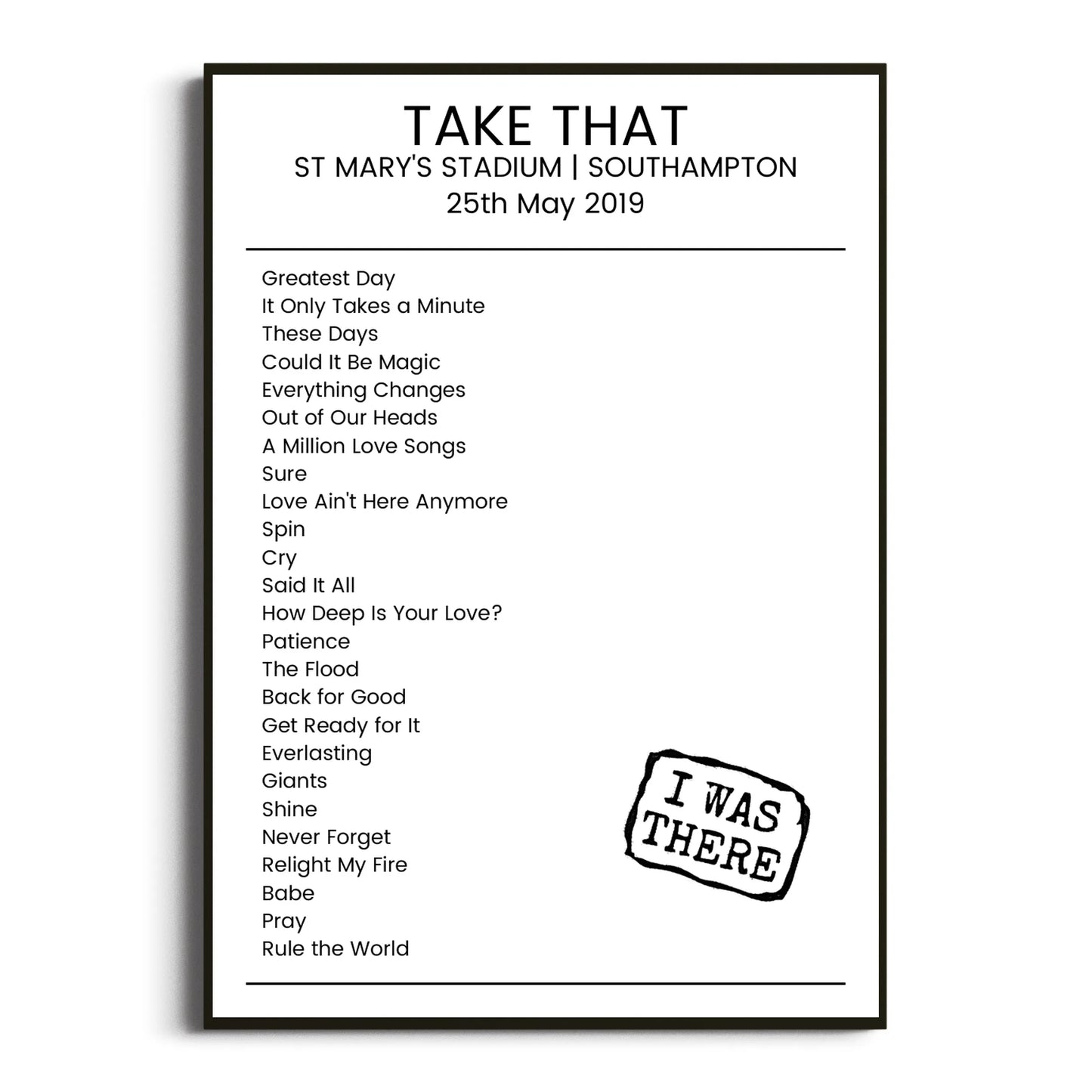 Take That Southampton 25 May 2019 Setlist Poster