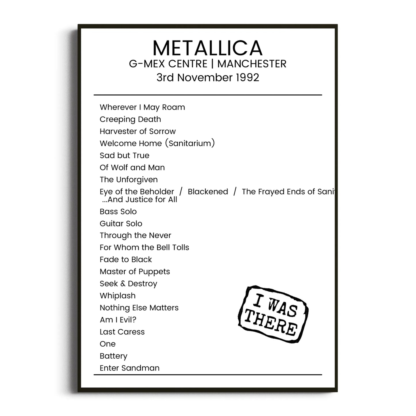 Metallica Manchester 03 November 1992 Setlist Poster