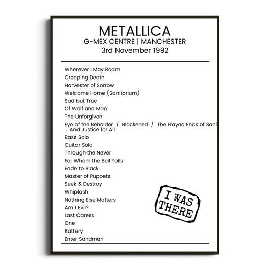 Metallica Manchester 03 November 1992 Setlist Poster