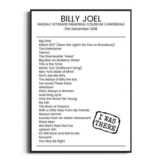 Billy Joel Uniondale 31 December 2018 Setlist Poster