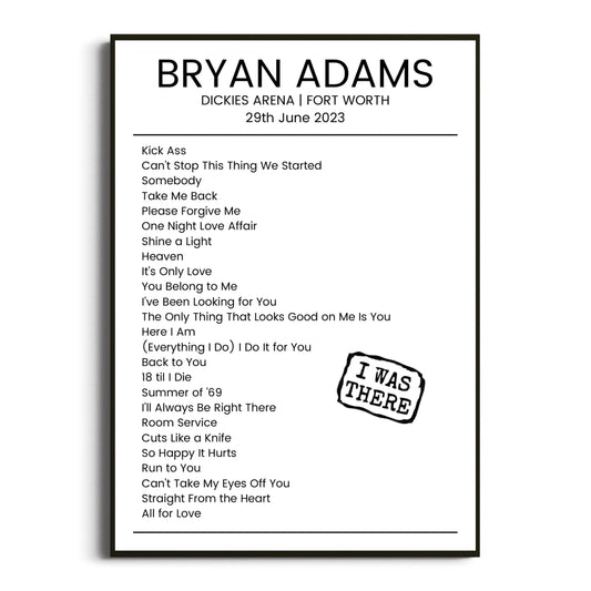 Bryan Adams Fort Worth 29 June 2023 Setlist Poster