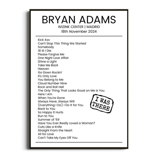 Bryan Adams Madrid 18 November 2024 Setlist Poster