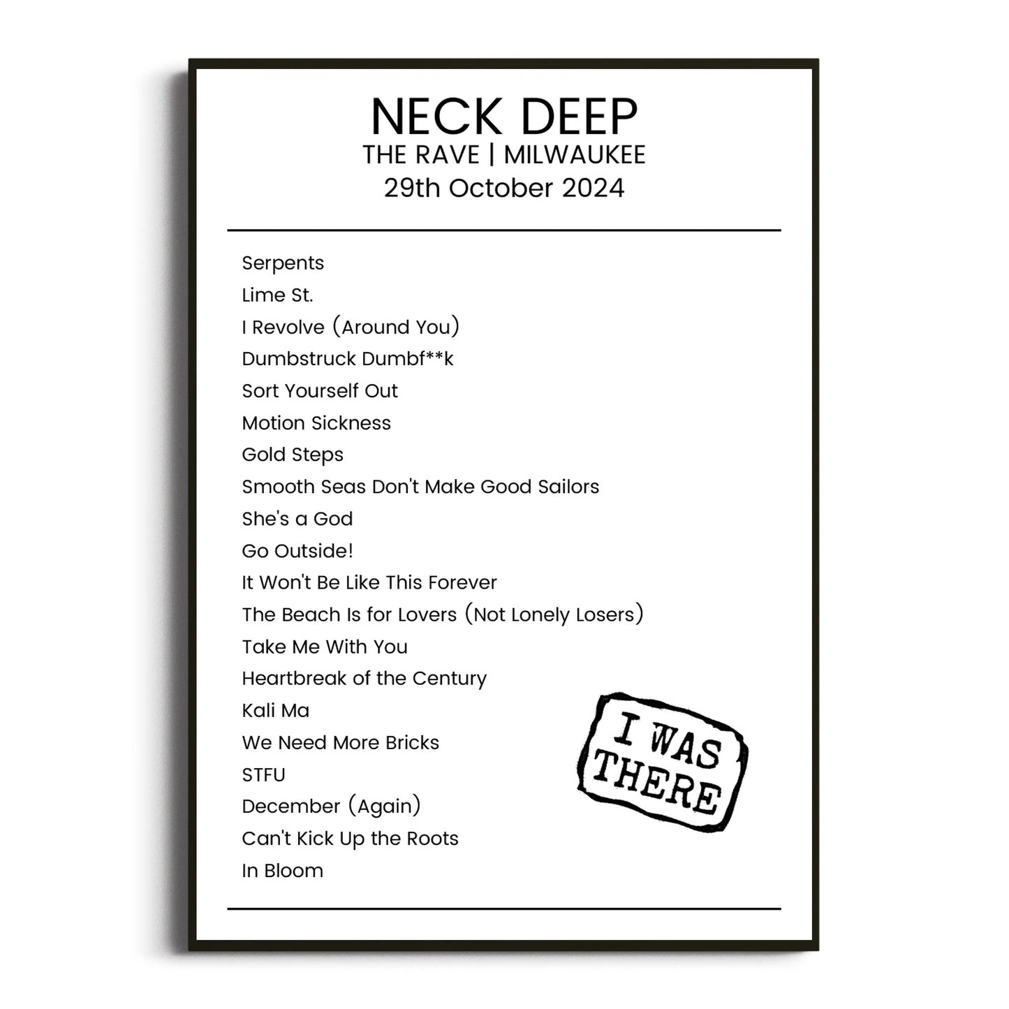 Neck Deep Milwaukee 29 October 2024 Setlist Poster