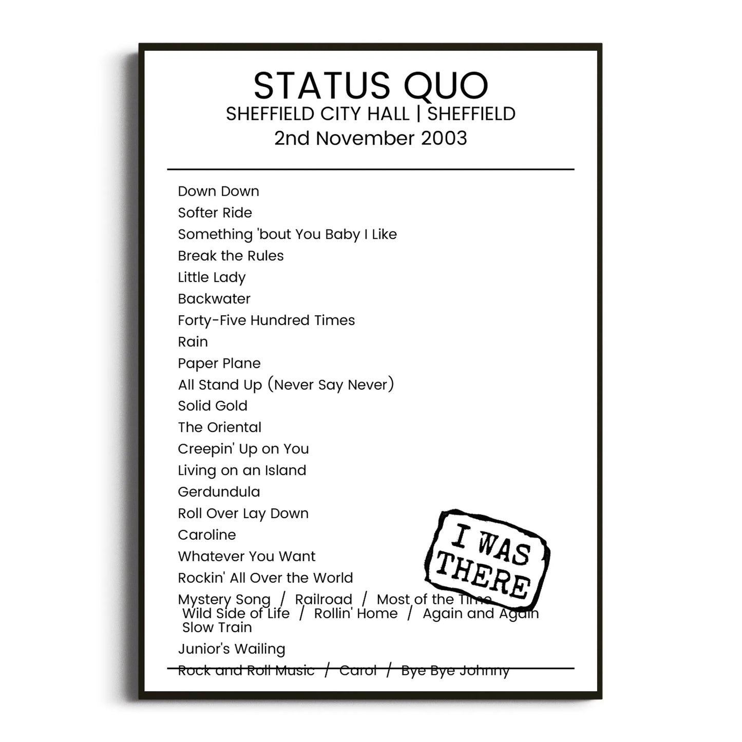 Status Quo Sheffield 02 November 2003 Setlist Poster