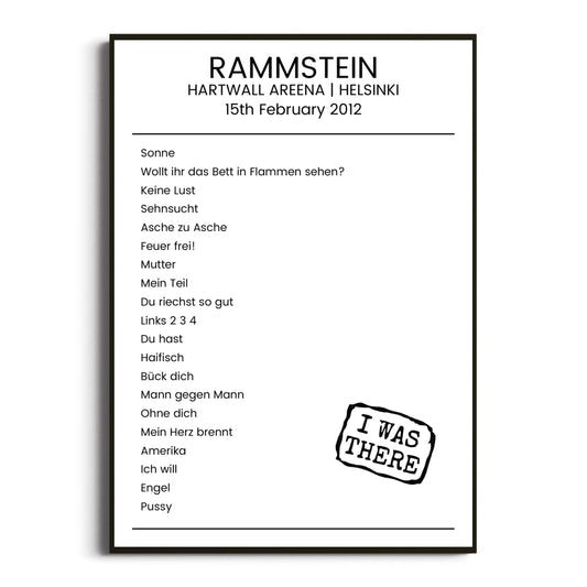 Rammstein Helsinki 15 February 2012 Setlist Poster