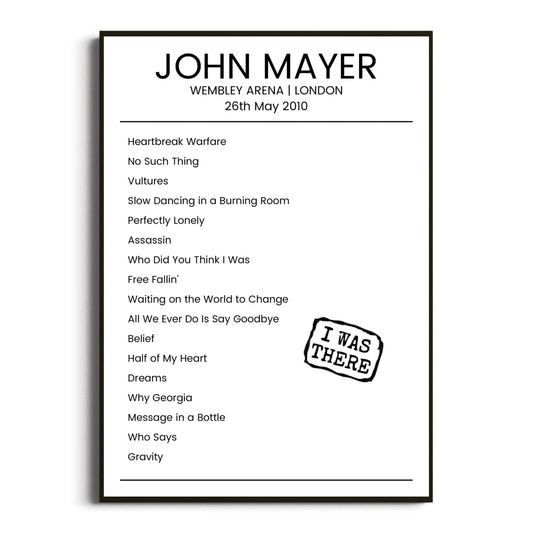 John Mayer London 26 May 2010 Setlist Poster