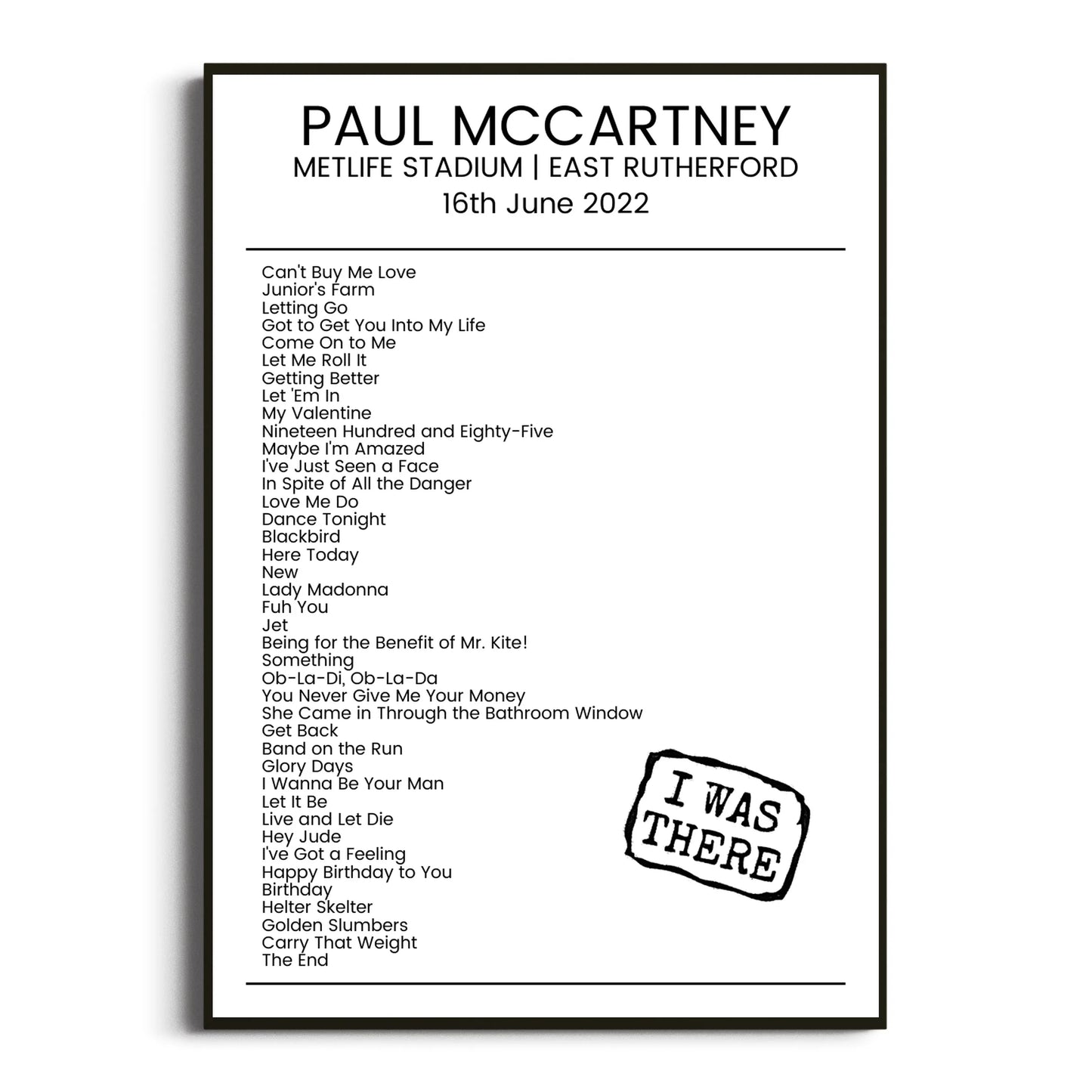 Paul McCartney East Rutherford 16 June 2022 Setlist Poster