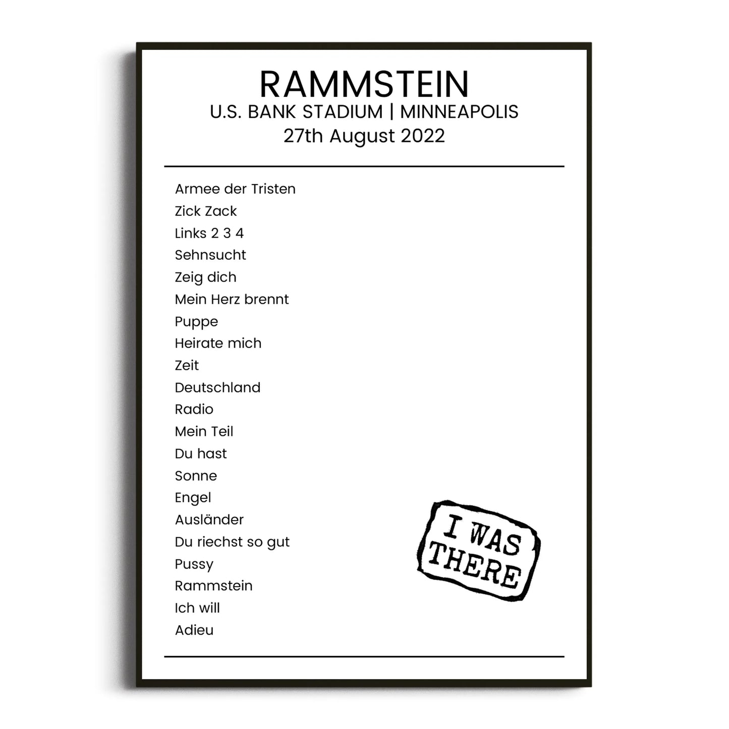 Rammstein Minneapolis 27 August 2022 Setlist Poster