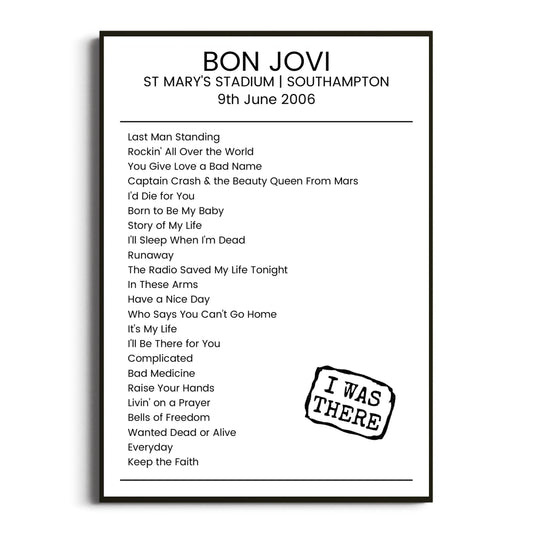 Bon Jovi Southampton 09 June 2006 Setlist Poster