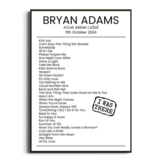 Bryan Adams Łódź 11 October 2024 Setlist Poster