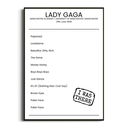 Lady Gaga Manchester 29 June 2009 Setlist Poster