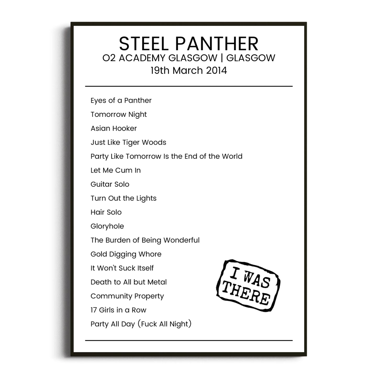 Steel Panther Glasgow 19 March 2014 Setlist Poster