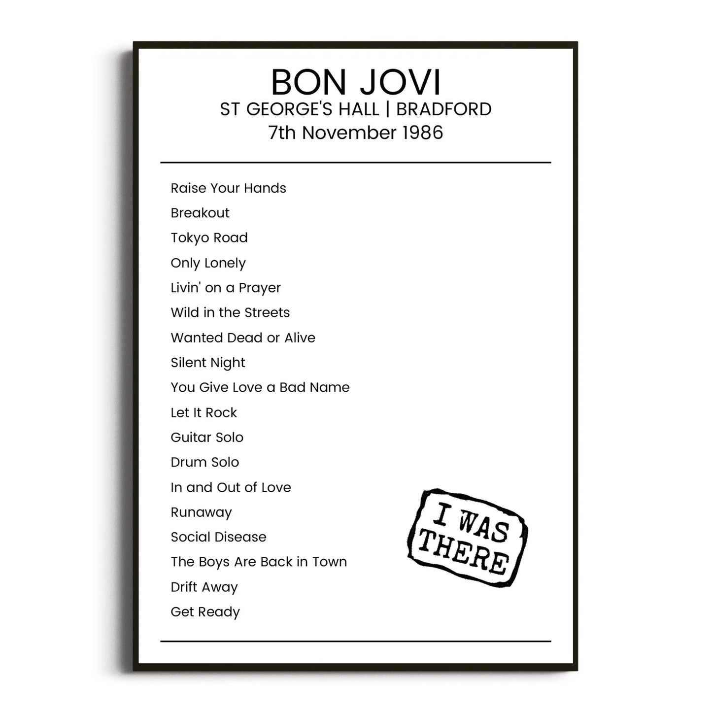 Bon Jovi Bradford 07 November 1986 Setlist Poster