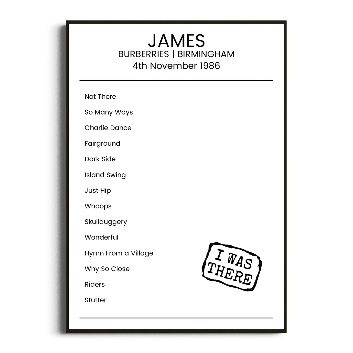 James Birmingham 04 November 1986 Setlist Poster