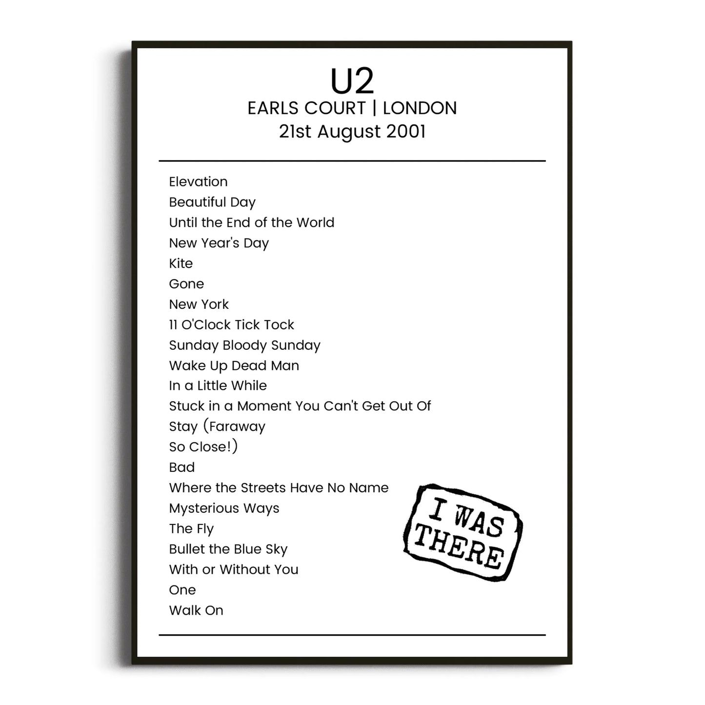 U2 London 21 August 2001 Setlist Poster