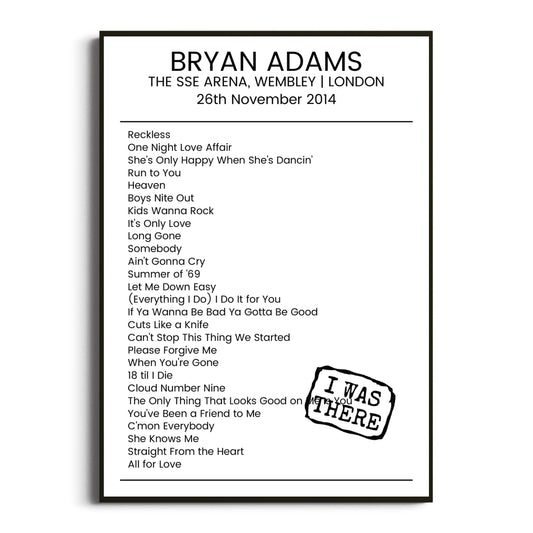 Bryan Adams London 26 November 2014 Setlist Poster